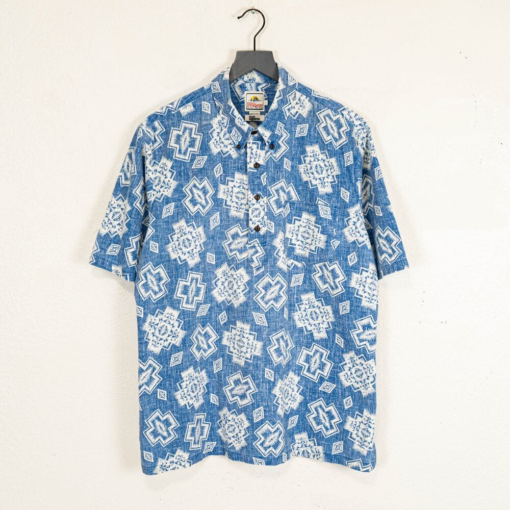 Pendleton Surf x Reyn Spooner Hawaiian Shirt Blue Geo reverse print Large